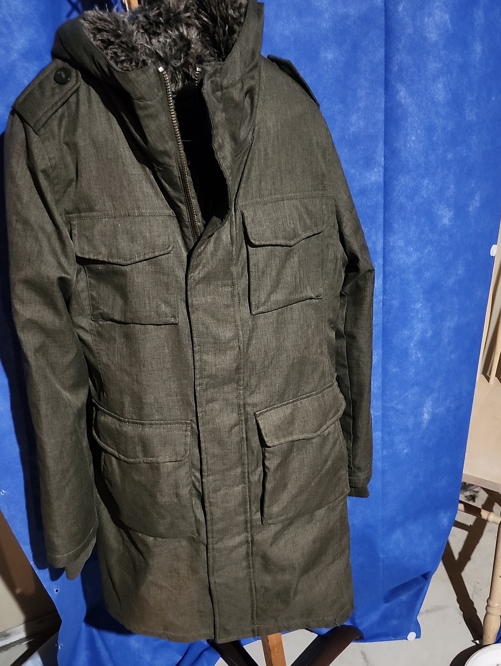 Aritzia Olive Green Military Field Coat with Faux Fur Hood